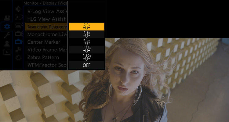 Lumix S1H cinema camera with Anamorphic lens support showing the anamorphic desqueeze menu options