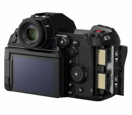 Panasonic S1H Full Frame Cinema Camera Slanted View with Screen Viewfinder Back Controls and Dual SD Card Slots Shown